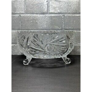 Vintage Unmarked Cut Crystal Footed Bowl Sawtooth Rim Pinwheel Starburst 8.25”